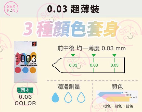岡本 Okamoto 0.03mm 貼身超薄三色裝安全套 - 12片裝