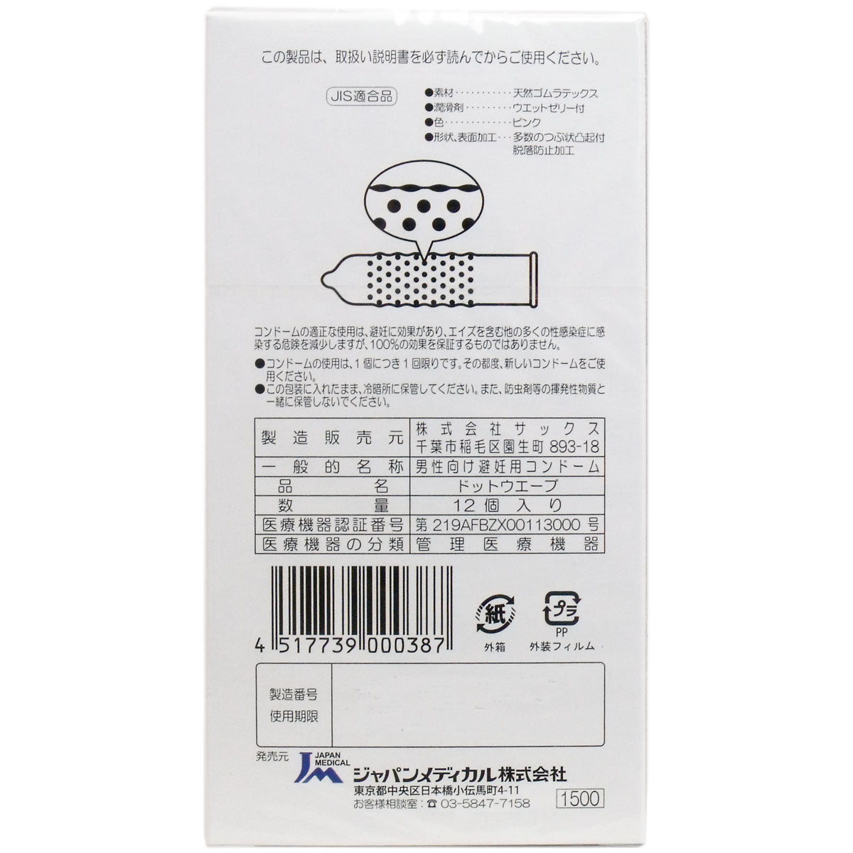 Japan Medical HiGrade 1500 凸點粉紅色安全套（12片裝）