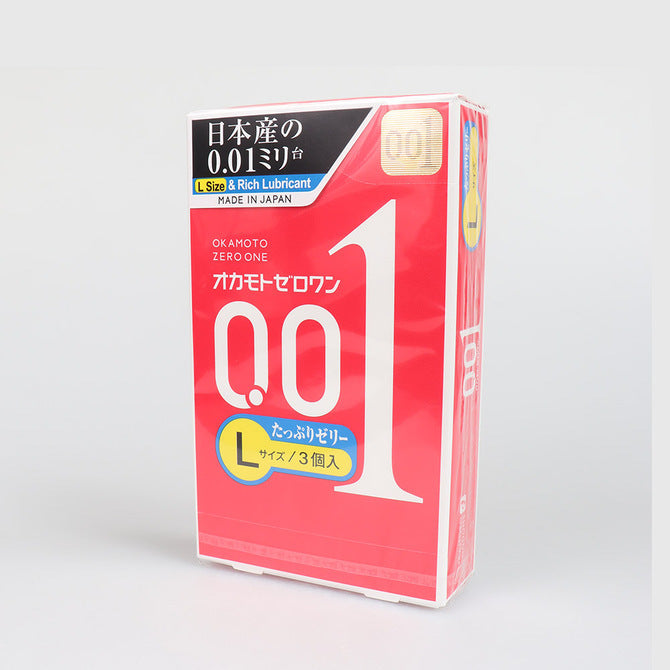 岡本 Okamoto 0.01mm 水性聚氨酯L加大碼安全套（200%潤滑劑增量） / 38mm / 3片裝
