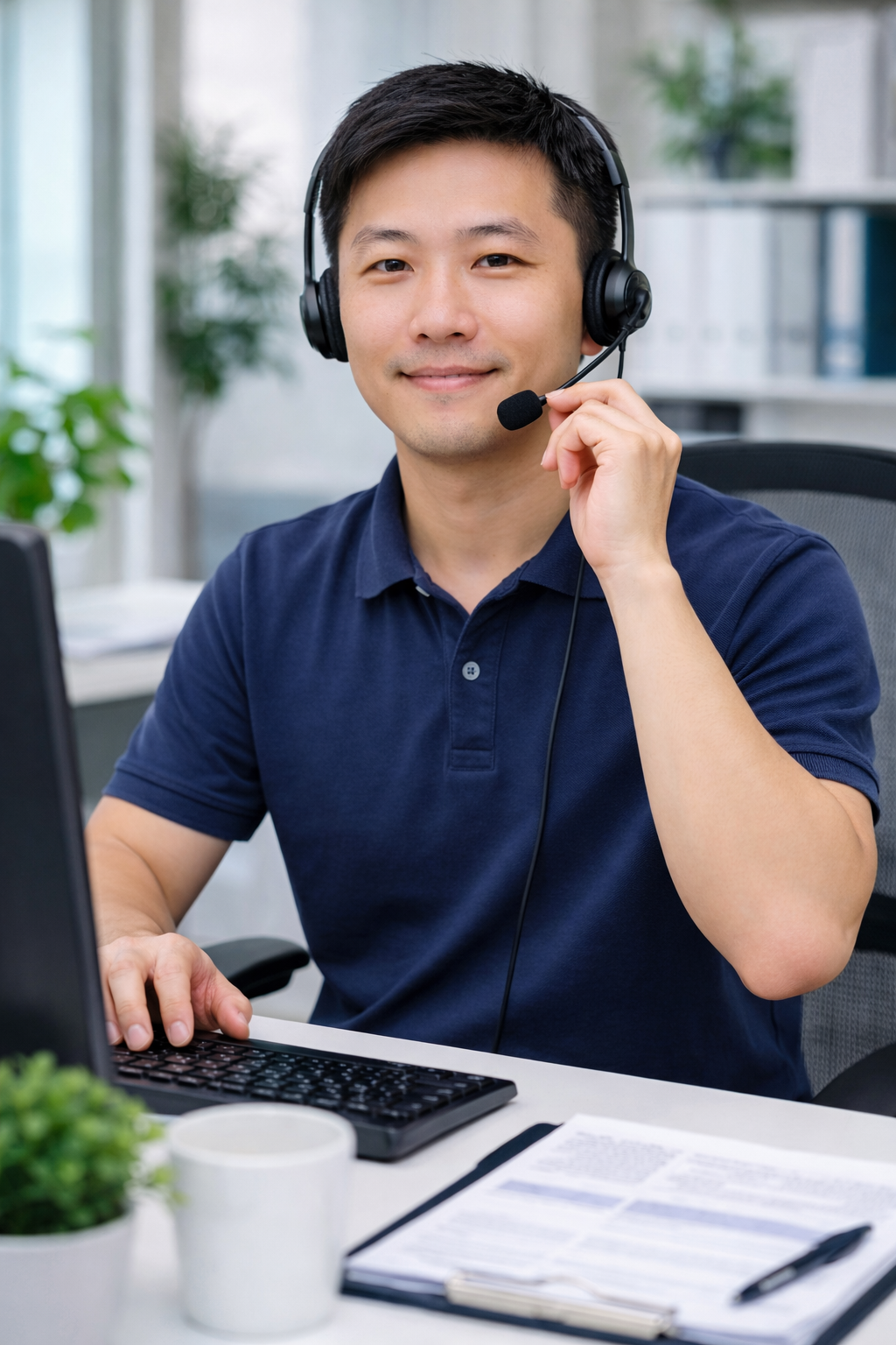 年輕客戶服務專員於電腦前接聽電話，提供專業又私密的售後支援