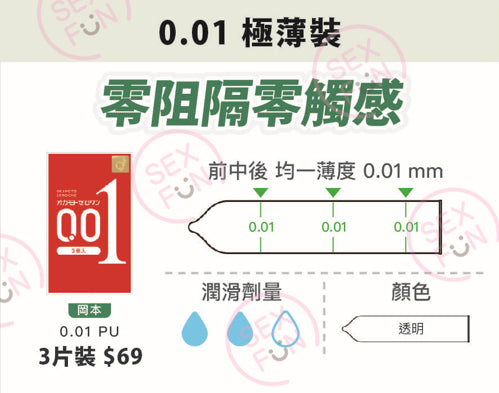 岡本 Okamoto 0.01mm 水系聚氨酯極限纖薄安全套 / 3片裝