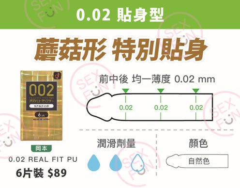 岡本 Okamoto 0.02mm 真．貼身水系聚氨酯安全套 / 36mm / 6片裝
