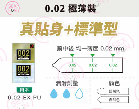 岡本 Okamoto 0.02mm 水系聚氨酯安全套（混合套裝）/ 12片裝